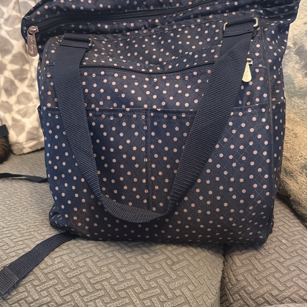 Thirty-One Navy and Pink Polka Dot Tote